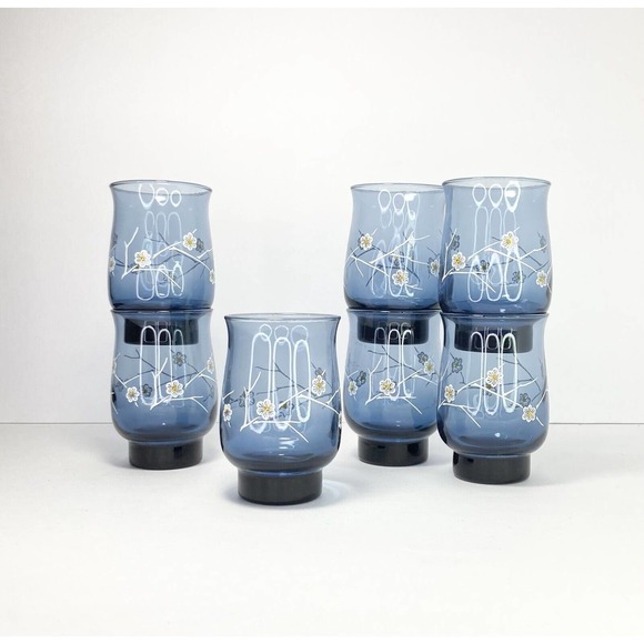 Libbey LRS10, Set of 7 Iced Tea Tumblers, 5 1/4” White Flowers on Blue Glass - Picture 1 of 2